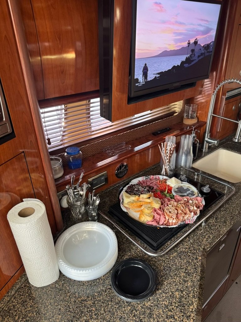 Charcuterie board spread in the yacht galley