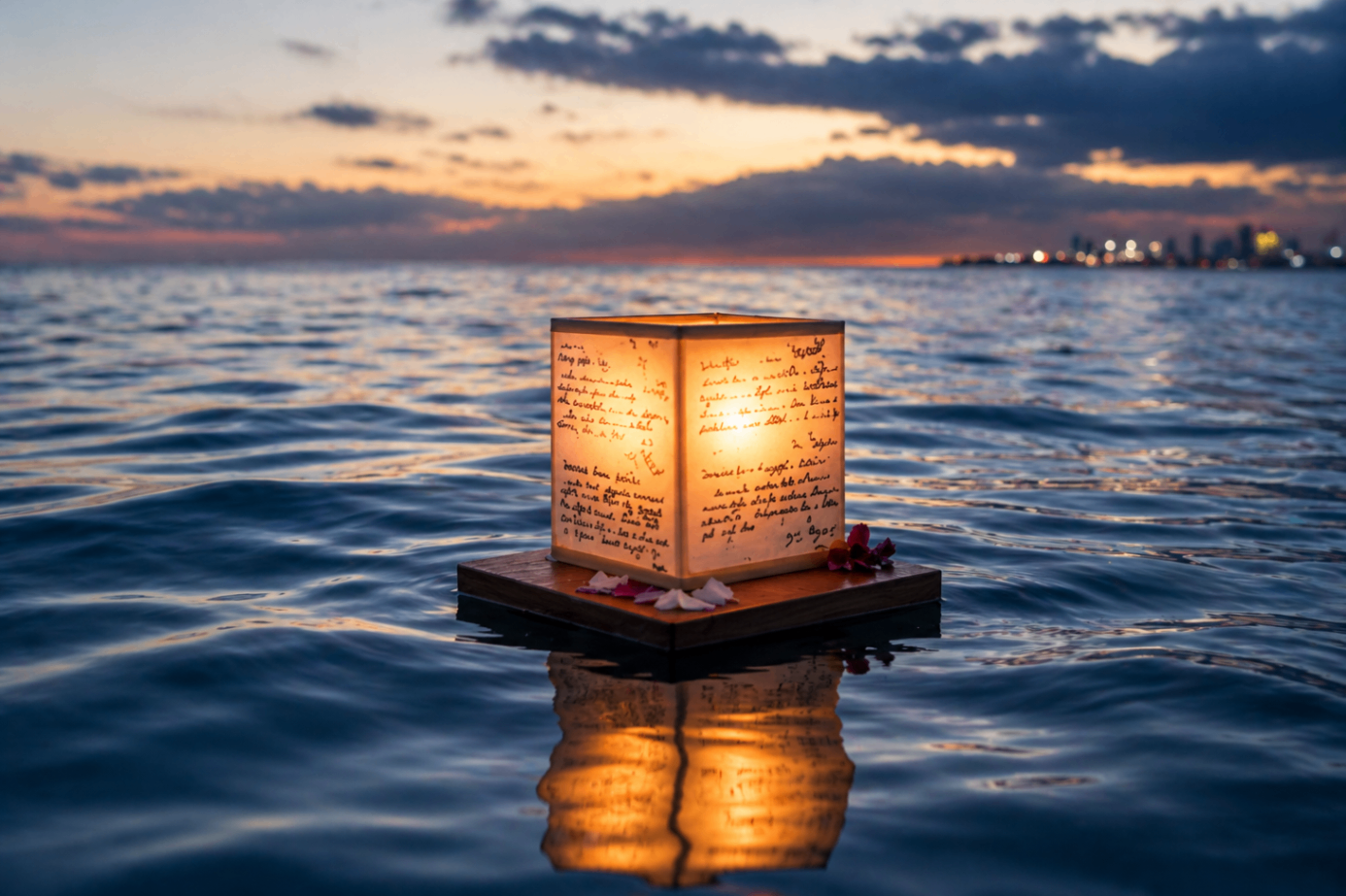 Floating lantern on ocean at sunset - Ocean Memorial Service