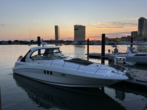 Sea Ray Sundancer yacht at Atlantic City marina sunset